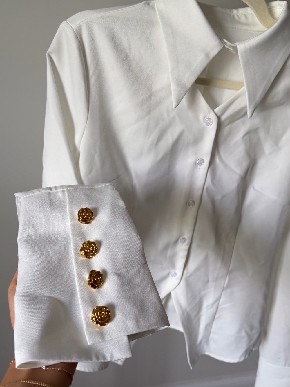 Commense White Long-Sleeve Button Shirt with Gold Cuffs and Peekaboo cutout - Picture 2 of 3